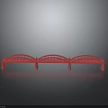 Red Bridge Model With Triple Arch Design And Reflection On Gray Background