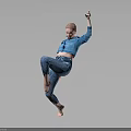 Dynamic Woman Dancing With Lifted Leg Raised Hand in Blue Top Patterned Pants Against Gray Background