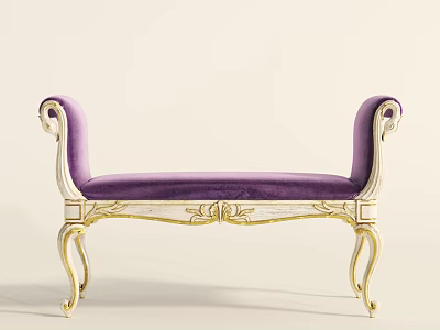 Elegant Purple Velvet Ottoman With Gold Carved Frame And Curved Arms 3d model