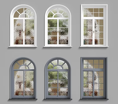 French Windows Various Designs Arched Rectangular White Gray Frames Pane Patterns Outdoor Greenery Views Interior 3d model