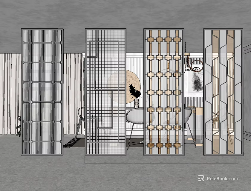 Modern Interior Room Dividers With Various Geometric Patterns And Grid Designs 3d model
