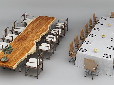Wooden Curved Edge And White Tablecloth Conference Tables With Yellow Decorations And Chairs 3d model