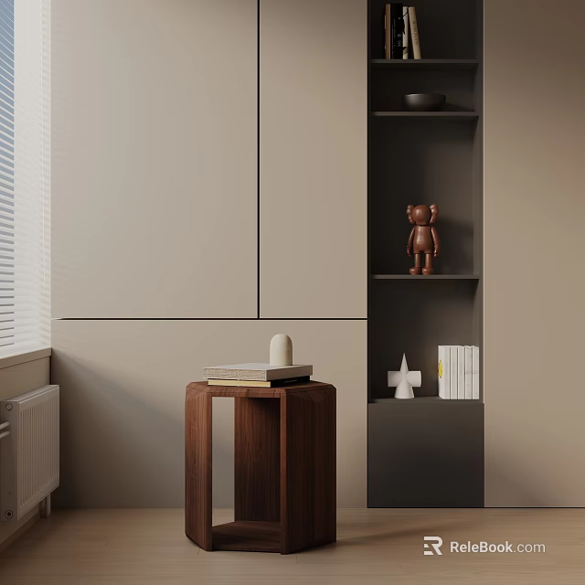 Wooden Side Table in Modern Living Room Interior with Stacked Books and Small Decorative Statue 3d model 