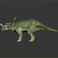Green 3D Triceratops Dinosaur Model With Three Horns Back Spikes And Dark Background Reflection