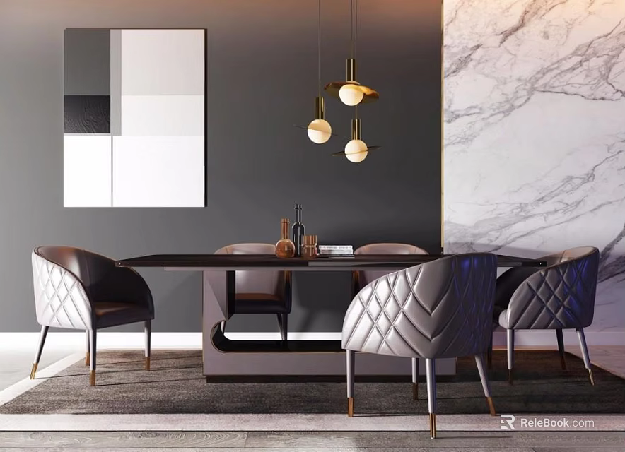 Modern Dining Table Set With Quilted Leather Chairs Gold Pendant Lights And Geometric Wall Art 3d model 