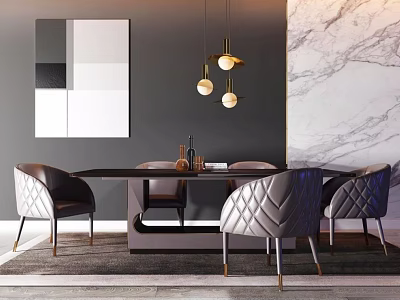 Modern Dining Table Set With Quilted Leather Chairs Gold Pendant Lights And Geometric Wall Art 3d model
