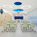 School Classroom Featuring Starry Sky Ceiling Design Light Green Chairs Planet Decor and Smart Board