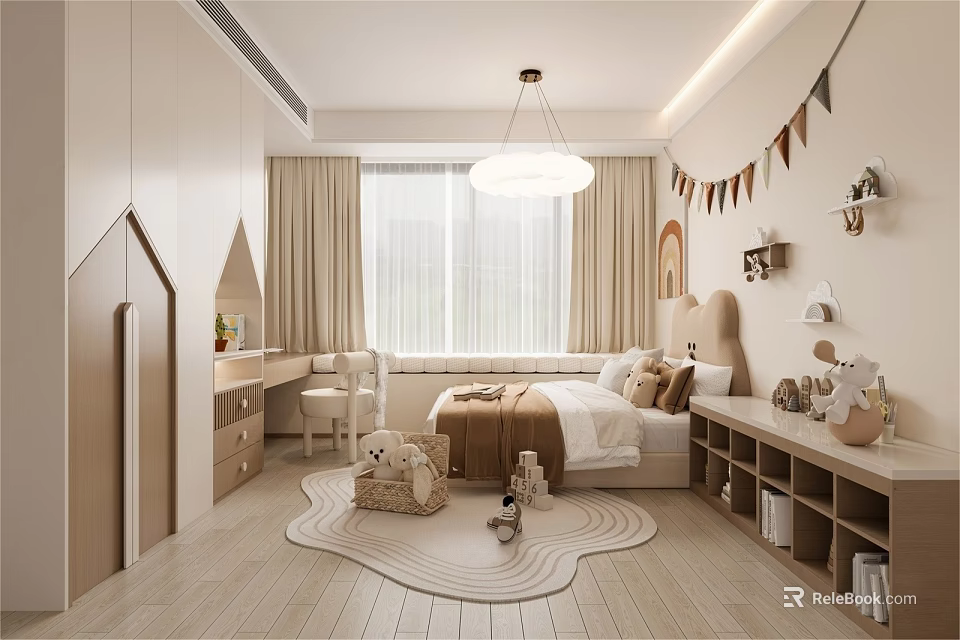 Warm Cozy Kids Bedroom Interior With Plush Toys Bunting Decorations And Wooden Furniture 3d model 