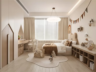 Warm Cozy Kids Bedroom Interior With Plush Toys Bunting Decorations And Wooden Furniture 3d model