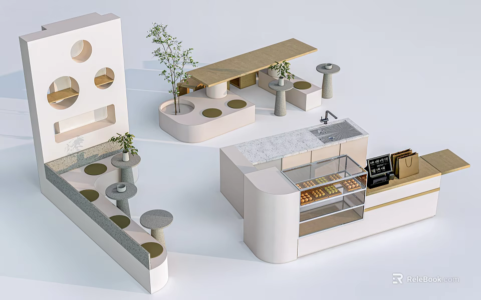 Modern Table And Chair Set With Round Tables Long Benches And Plant Decor In Café 3d model 