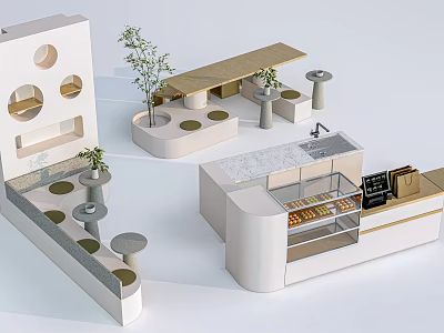 Modern Table And Chair Set With Round Tables Long Benches And Plant Decor In Café 3d model