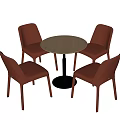 Round Negotiation Table With Four Brown Leather Chairs And Black Legs 3d model