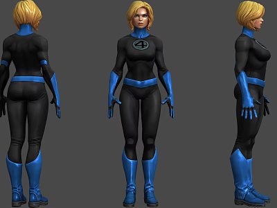 Game Movie Character With Blonde Hair Black Bodysuit Blue Accessories And Chest Logo 3d model