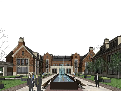 Classic Red Brick Courtyard With Central Fountain Lawn Green Trees And People Strolling 3d model
