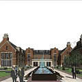 Classic Red Brick Courtyard With Central Fountain Lawn Green Trees And People Strolling
