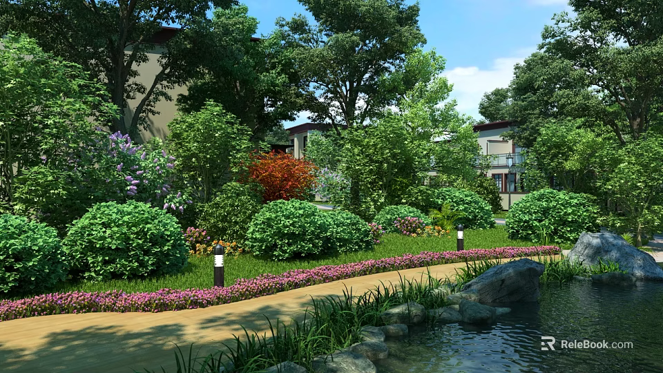 Serene Garden Landscape With Lush Trees Shrubs Pink Flowers Pathway Pond And Lamps 3d model 