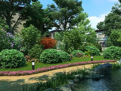 Serene Garden Landscape With Lush Trees Shrubs Pink Flowers Pathway Pond And Lamps 3d model