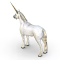 White Unicorn With Golden Horn And Light Colored Mane Standing Isolated On White Background