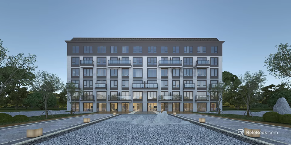 Modern Multi Storey Residential Building With Multiple Balconies Fountain Paved Ground And Trees In Front 3d model 