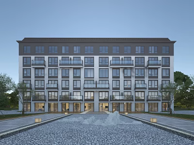 Modern Multi Storey Residential Building With Multiple Balconies Fountain Paved Ground And Trees In Front 3d model