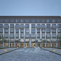 Modern Multi Storey Residential Building With Multiple Balconies Fountain Paved Ground And Trees In Front