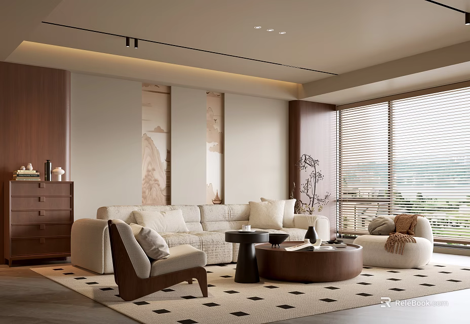 Modern Living Room Interior With Beige Sofa Brown Armchair Round Coffee Table And Natural Light 3d model 