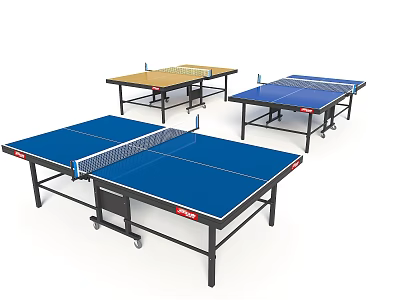 Sports Equipment Ping Pong Tables Featuring Blue Brown Surfaces Portable Wheels and Net 3d model