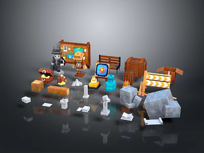 3D Pixel Adventure Scenery With Blocks Characters Wooden Crates Signboards And Stones 3d model