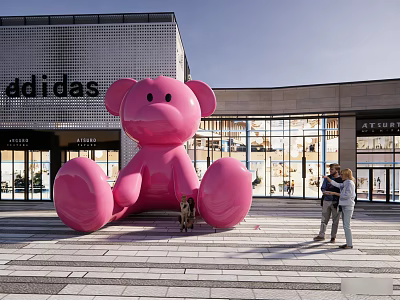 Large Pink Bear Sculpture Standing Outside Adidas Shopping Mall With Pedestrians 3d model
