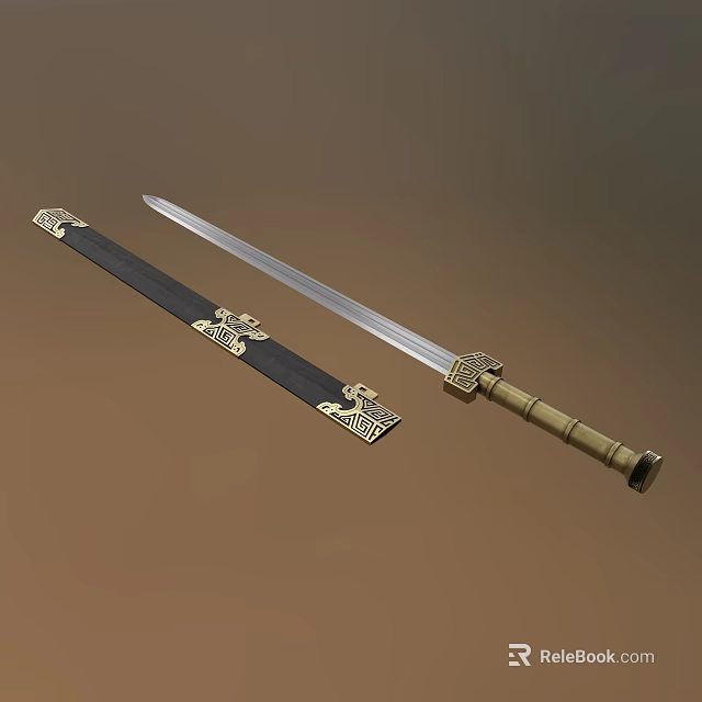 Traditional Sword With Black Scabbard Golden Decorations Brass Hilt And Silver Blade 3d model 