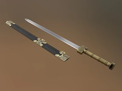 Traditional Sword With Black Scabbard Golden Decorations Brass Hilt And Silver Blade 3d model