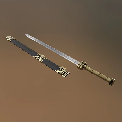 Traditional Sword With Black Scabbard Golden Decorations Brass Hilt And Silver Blade 3d model