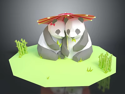 Cute Pandas Snuggling Under Colorful Umbrella With Bamboo And Green Grass 3d model