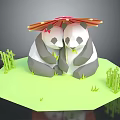 Cute Pandas Snuggling Under Colorful Umbrella With Bamboo And Green Grass