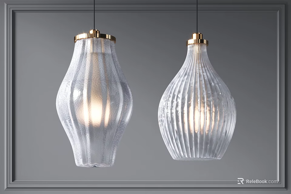 Glass Pendant Lights With Gold Metal Accents And Textured Illuminated Surfaces 3d model 