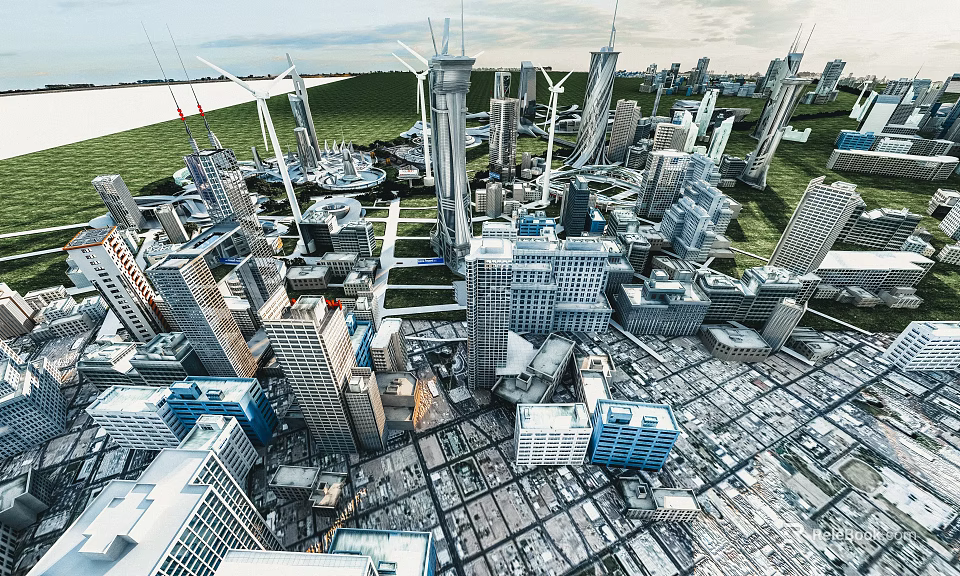 Aerial View Of Modern Urban Cityscape With Skyscrapers And Wind Turbines 3d model 