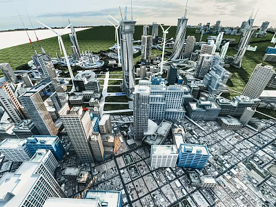 Aerial View Of Modern Urban Cityscape With Skyscrapers And Wind Turbines 3d model