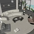 Modern Living Room With L-shaped Sofa Bookshelf Floor Lamp Coffee Table And Window View