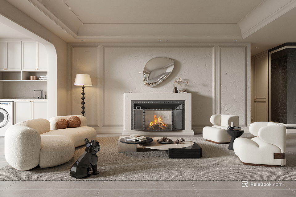 Elegant Living Room With Beige Sofas Fireplace Round Mirror Coffee Table And Black Dog Sculpture 3d model 
