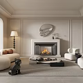 Elegant Living Room With Beige Sofas Fireplace Round Mirror Coffee Table And Black Dog Sculpture