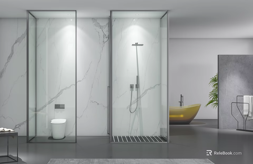 Modern Shower And Sauna Interior Design With Marble Walls Glass Enclosure And Bathtub 3d model 