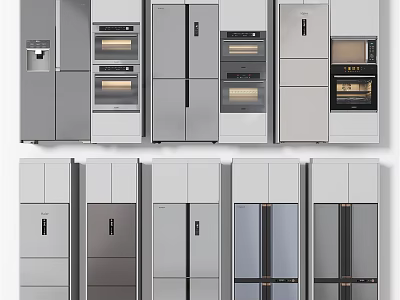 Modern Various Style Refrigerators And Freezers With Sleek Metallic Finish And Multi Door Designs 3d model