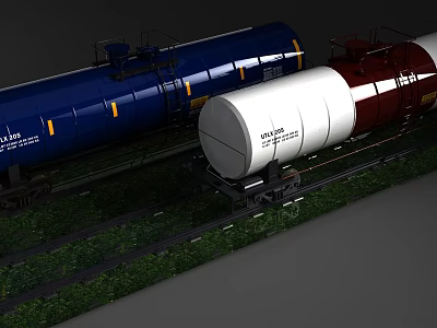Rail Tank Cars In Blue White Brown Colors On Railway Track With Green Grass 3d model
