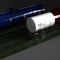 Rail Tank Cars In Blue White Brown Colors On Railway Track With Green Grass