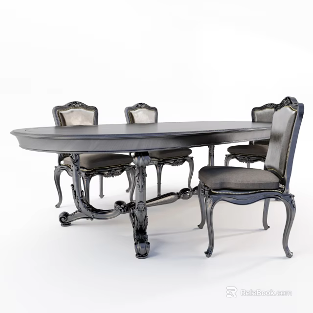 Classical Dining Table Set with Four Chairs Carved Legs Oval Tabletop and Upholstered Seats 3d model 