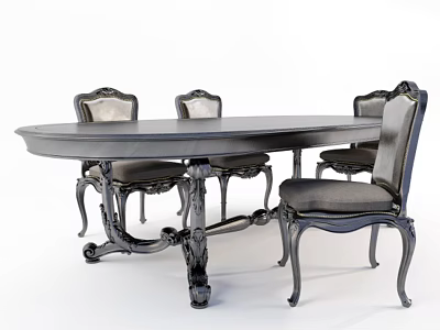 Classical Dining Table Set with Four Chairs Carved Legs Oval Tabletop and Upholstered Seats 3d model