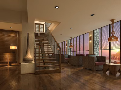 Cozy Café Interior With Wooden Staircase Large Windows Sunset View Sofa Seating And Wooden Flooring 3d model