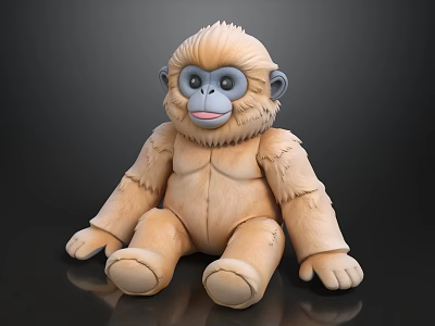 Cute Light Brown Plush Monkey Doll with Fluffy White Fur and Sitting Posture 3d model