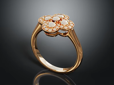 Elegant Gold Clover Design Ring With White And Orange Inlaid Stones 3d model