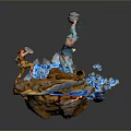 Dynamic Game Movie Characters Blue Figure Lifting Object Orange Character Rock Base Blue Purple Energy